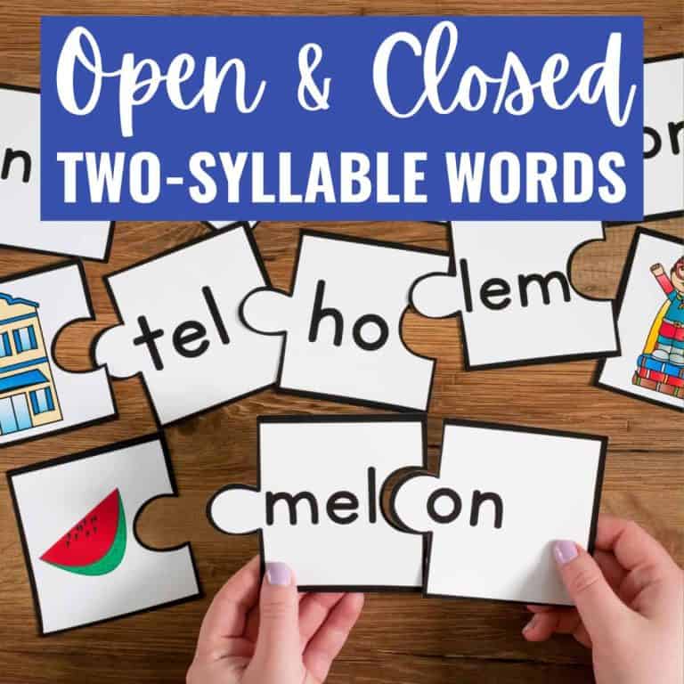 Hands holding puzzle pieces with two-syllable words like melon, surrounded by other puzzle pieces and a sign above that reads Open & Closed Syllables.