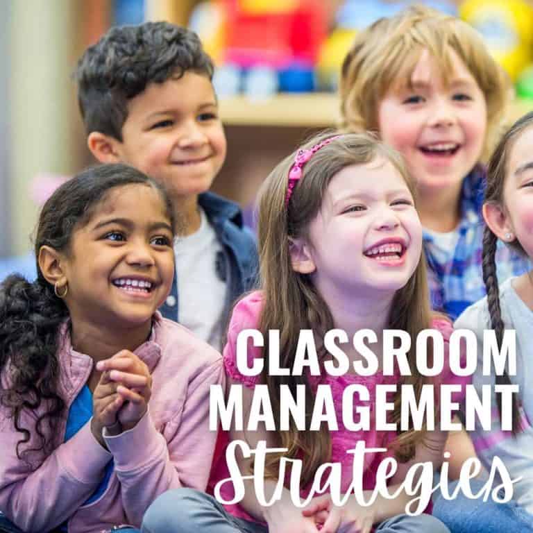 A diverse group of young children sit together in a classroom, smiling and laughing, as they engage with effective classroom management strategies. Text on the image reads Classroom Management Strategies.