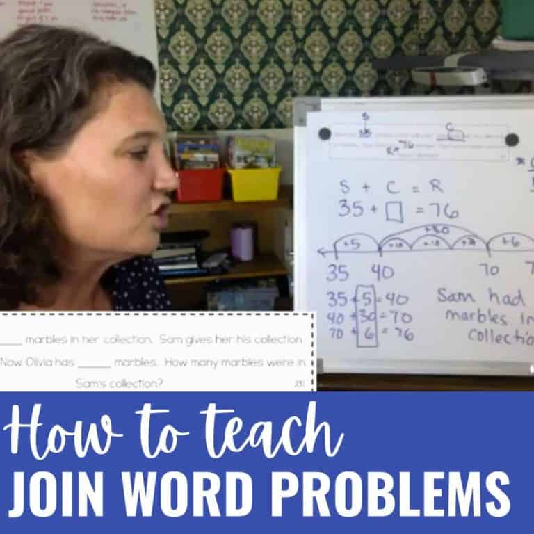 A teacher explains a math problem using a whiteboard with diagrams and numbers. Text reads “How to teach join word problems.” Bookshelves and a patterned wall are in the background.