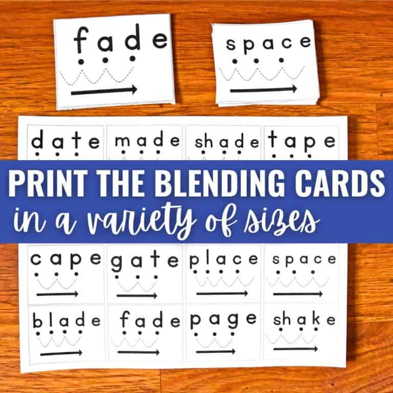 Blending cards with words like fade, space, date, and made are shown in various sizes on a wooden surface. A blue banner reads, PRINT THE BLENDING CARDS—perfect for blending for kindergarten—in a variety of sizes.