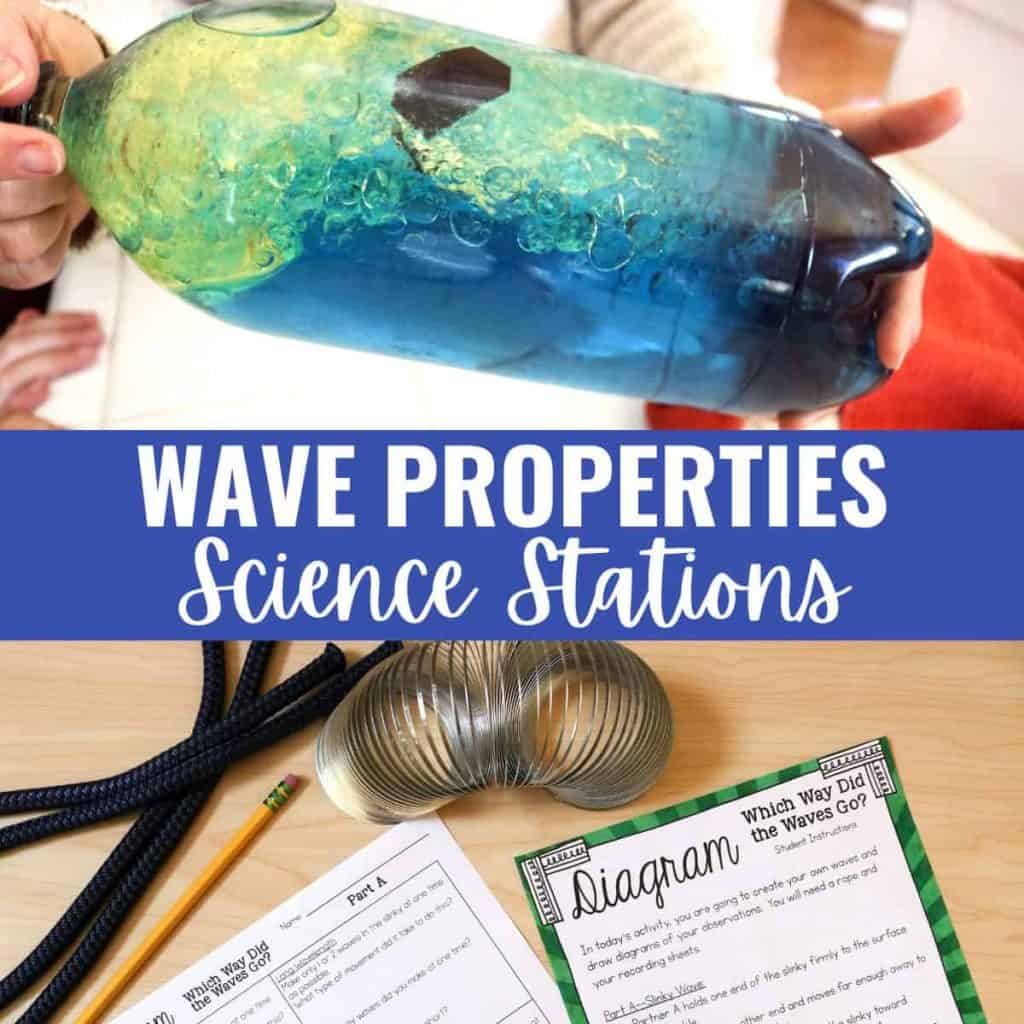 A collage shows a homemade wave bottle being held, with the caption Wave Properties Science Stations. Below, a desk displays science worksheets, straws, and a metal slinky for hands-on Wave Properties experiments.