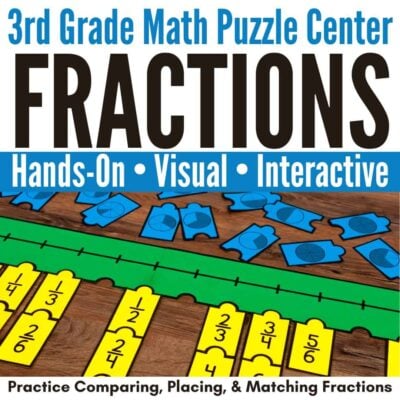 Fraction Number Puzzles 3rd Grade Hands-on Math Activity: Colorful math puzzle with fraction pieces and cards labeled 1/2, 1/3, 1/4. Visual, interactive center for learning fractions.