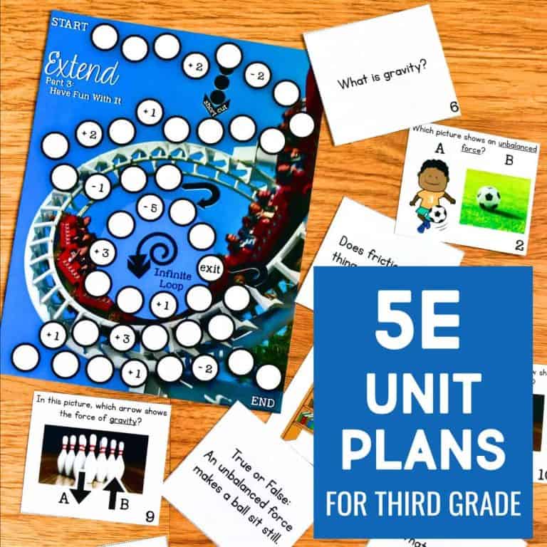 A roller coaster board game, question cards about gravity, and a blue square with white text reading 5E Unit Plans for Third Grade are arranged on a wood surface—perfect resources for hands-on science exploration.