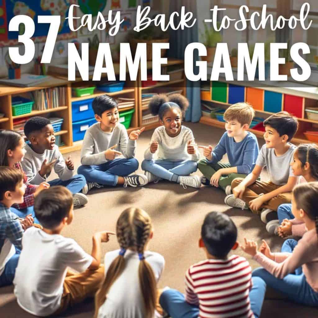 First Day of School Tips for Teachers: What Actually Works After 16 Years in the Classroom 3 A diverse group of young children sit in a circle on the classroom floor, smiling and playing a name game. Above them, the text reads: BLOG SQUARE Easy BTS Name Games—ideal for exploring fun activities using the 5E Model.