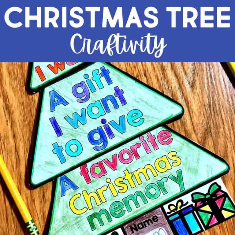 A colorful paper Christmas tree craft, perfect as a holiday activity, with sections labeled “A gift I want to give” and “A favorite Christmas memory,” surrounded by pencils and decorated presents.