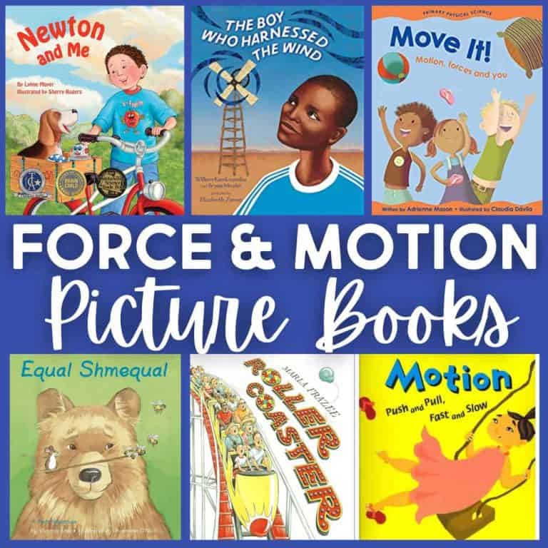 A collage of six Force and Motion Picture Books for children, featuring titles like “Newton and Me,” “Roller Coaster,” and “The Boy Who Harnessed the Wind,” with bold text reading “Force & Motion Picture Books.”.