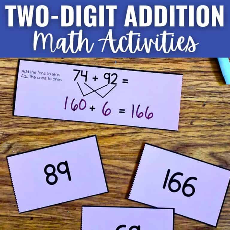 A worksheet titled Two-Digit Addition Math Activities features engaging Two-Digit Addition Activities, such as breaking apart and adding tens and ones (e.g., 74 + 92 = 166). Flashcards with numbers 89 and 166 are displayed below.