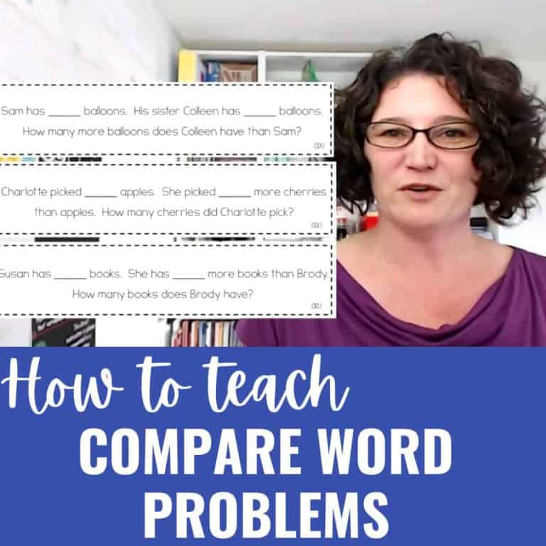 A woman with curly hair and glasses speaks in front of bookshelves. Overlaid text reads, “How to teach compare word problems,” with sample math questions about comparing quantities shown above.