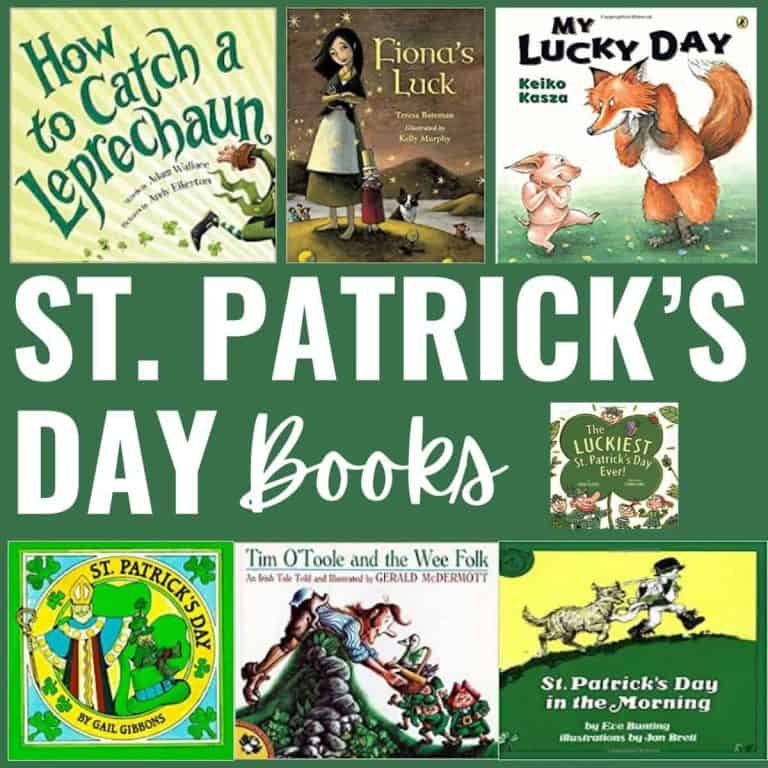 A collage of seven St. Patrick’s Day-themed children’s book covers arranged around the text “ST. PATRICK’S DAY Books” in bold white and green letters, perfect for discovering new books for St. Patrick's Day celebrations.