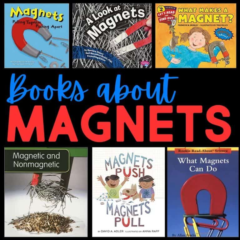 A collage of six Books about Magnets covers, with bold text in the center reading "Books about MAGNETS." The covers feature illustrations of magnets, children, and metallic objects.