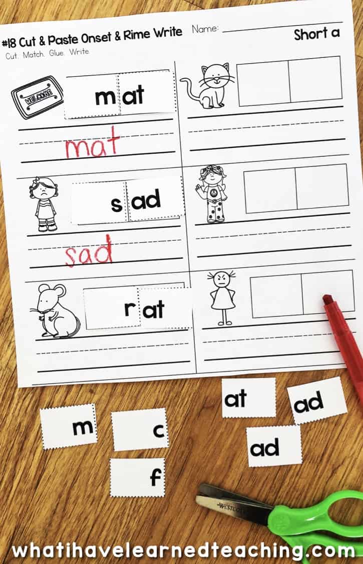 Do you need some new phonics activities? These Short A Phonics Worksheets give students practice reading and writing short a CVC words. On this page, students cut and paste the onset and rime and write the word. This is a great no-prep printable for kindergarten word work centers and covers all of the short a CVC words taught in kindergarten and first grade reading.. #kindergartenworksheets #shortaworksheets #phonicsworksheets #phonicsprintables