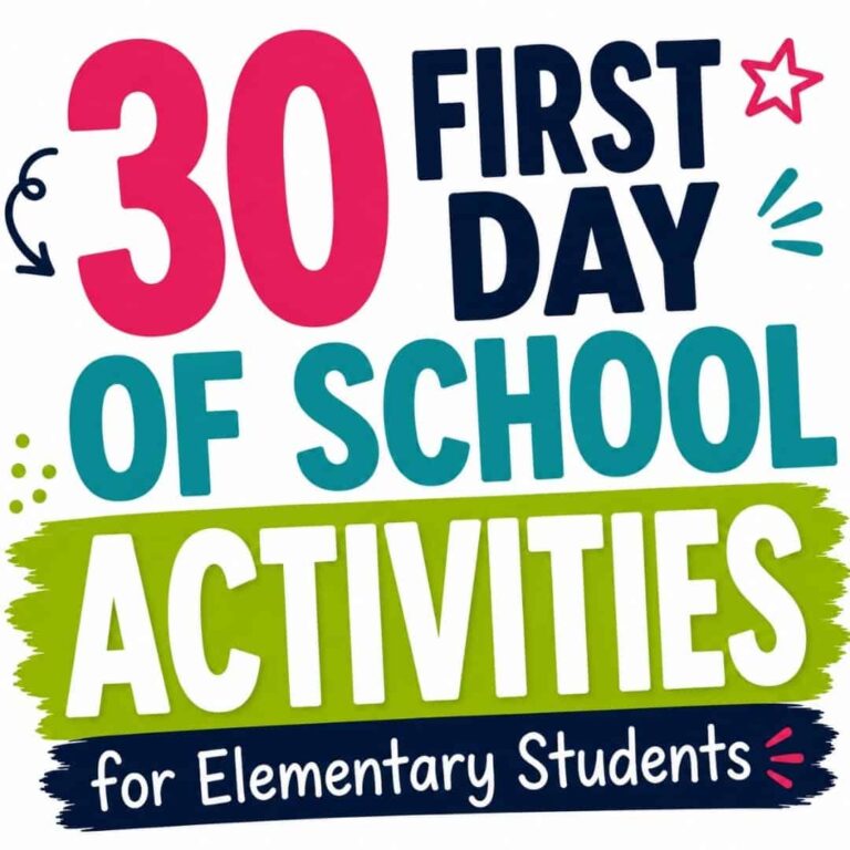 Bold, colorful text graphic displays "30 first day of school activities for elementary students" with playful stars and arrows. The First day of school activities product is perfect for inspiring fun and engaging classroom experiences!.