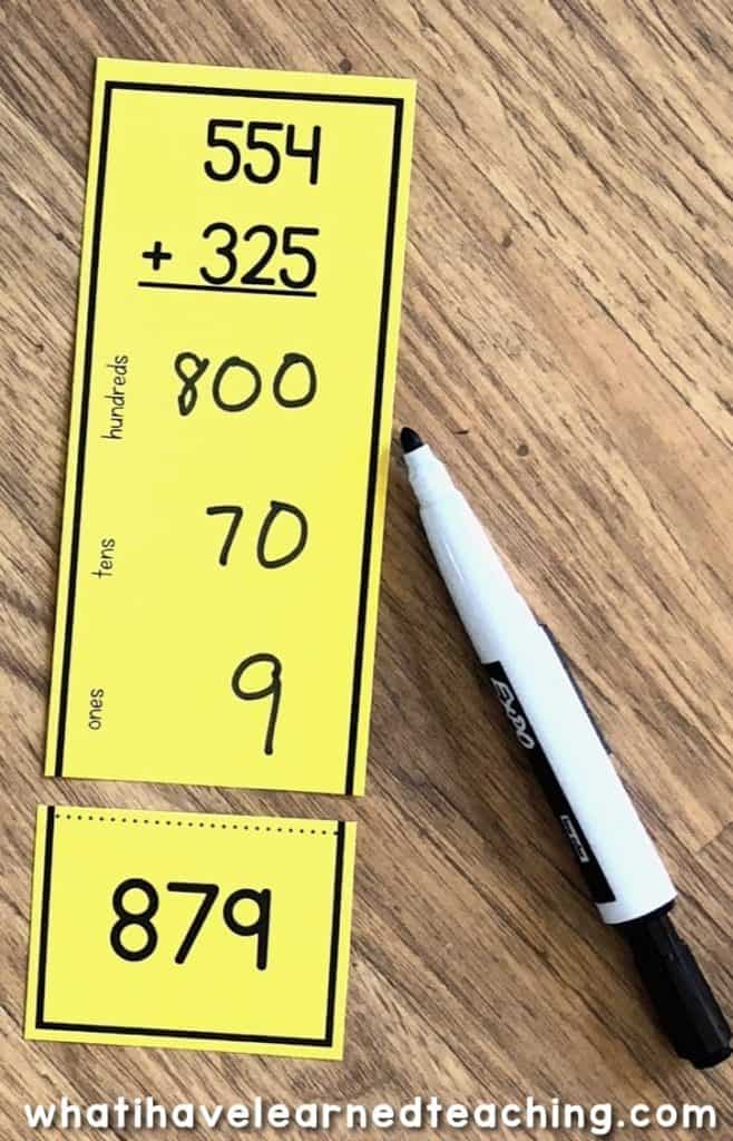 These three-digit addition math centers or task cards help students practice five different addition strategies: use a number line, use base-10 blocks, break apart the addends, use Vs, and vertical addition. The scaffolded levels provide plenty of practice and steps for students to be successful when adding three-digit numbers using a variety of addition strategies. #threedigitaddition #mathcenters #mathstations #secondgrademath
