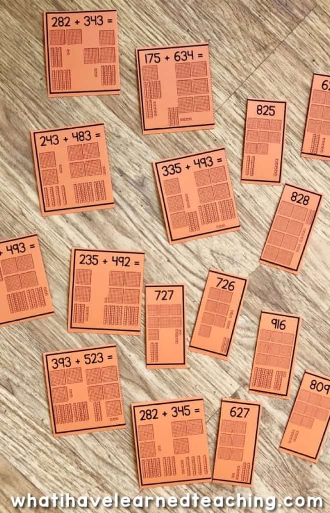 These three-digit addition math centers or task cards help students practice five different addition strategies: use a number line, use base-10 blocks, break apart the addends, use Vs, and vertical addition. The scaffolded levels provide plenty of practice and steps for students to be successful when adding three-digit numbers using a variety of addition strategies. #threedigitaddition #mathcenters #mathstations #secondgrademath