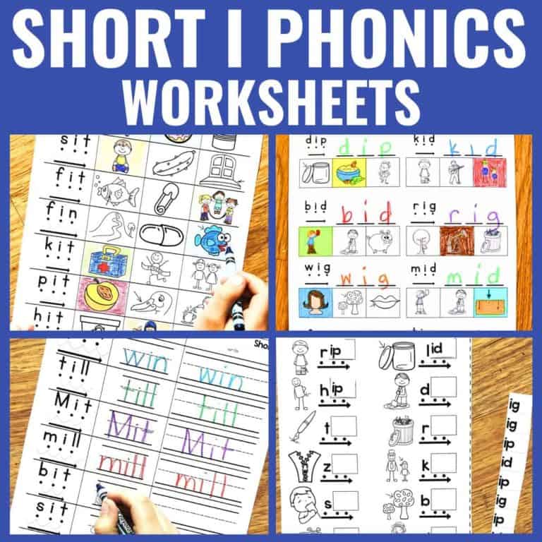 Collage of Short I Phonics Worksheets with words, pictures, and spaces to write or color. Two children’s hands are writing with pencils. Top text reads “Short I Phonics Worksheets” on a blue background.
