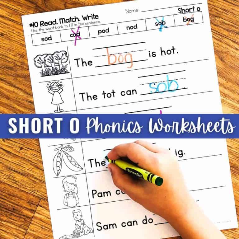 A child colors on a Short O Phonics Worksheet, completing sentences with missing short o words. The sheet features images for matching and words like sod, pod, and sob filled in to reinforce short o phonics skills.