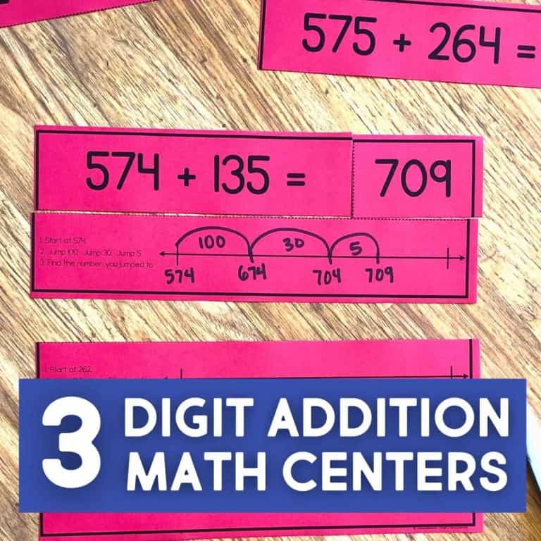 Red math worksheets featuring three-digit addition problems and a number line solution for 574 + 135 = 709, with a text overlay reading Three-Digit Addition Math Centers.