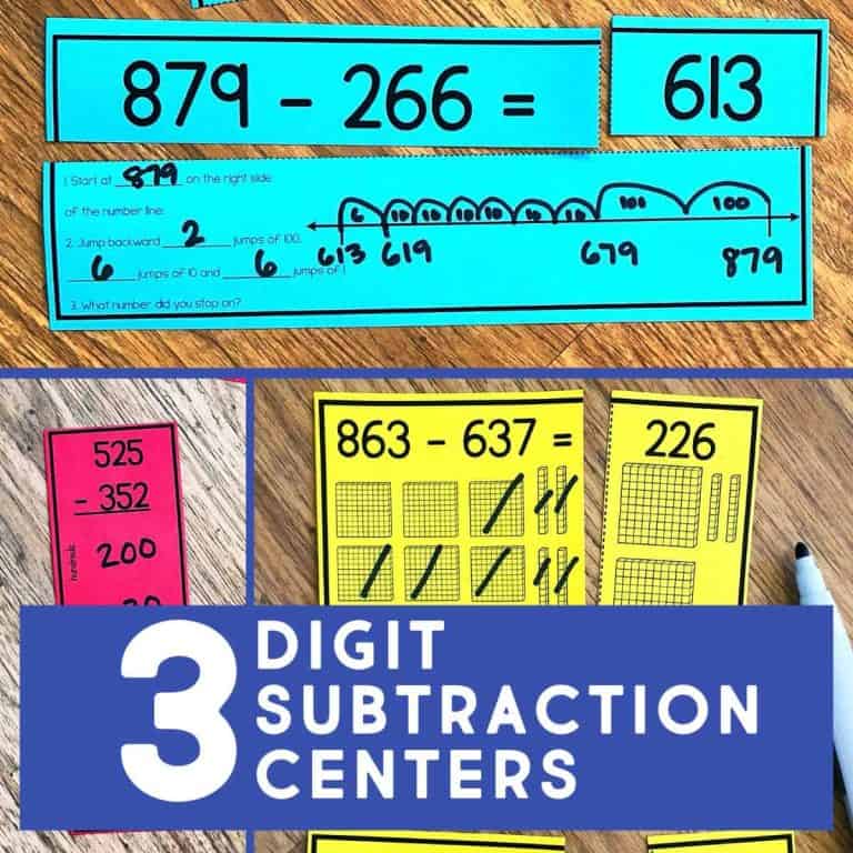 Colorful math worksheets show examples of three-digit subtraction problems using different strategies. Text overlay reads: “Three-Digit Subtraction Math Centers.” A marker and visual aids are visible.