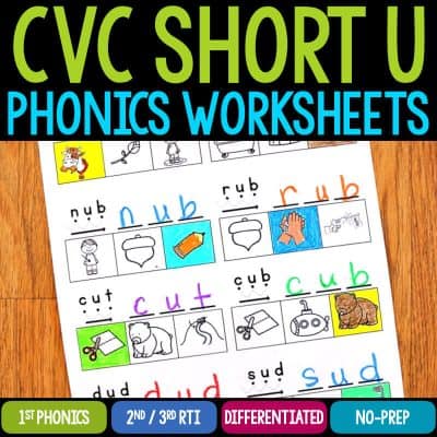These Short U Phonics Worksheets give students practice reading and writing short u CVC words by word family. For this worksheet, students find the word in the word bank and write it. This is a great no-prep printable for kindergarten word work centers. #kindergartenworksheets #shortuworksheets #phonicsworksheets #phonicsprintables