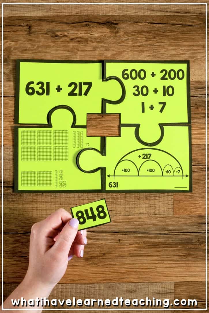 Number Puzzles for second grade math stations are math center activities teaching your students addition, subtraction, fractions, place value, multiplication, odd & even and money. Students match various models and representations of the addition problems, subtraction problems, and other numbers show. These puzzles are a great math station or math center and give students hands-on experience with sorting, classifying and categorizing second grade math concepts. #mathcenters #secondgrade
