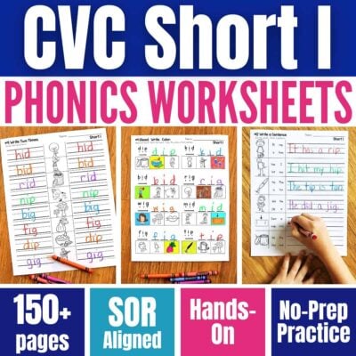 The Back to Basics Phonics Worksheets - Short E Worksheets promo image features three worksheet samples with words like bet and hen, a child writing, and highlights 150+ pages, SOR aligned, hands-on, and no-prep practice.