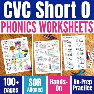 Vibrant educational image featuring three Back to Basics Phonics Worksheets - Short E, with crayons and text highlighting “100+ pages,” “SOR Aligned,” “Hands-On,” and “No-Prep Practice.”.