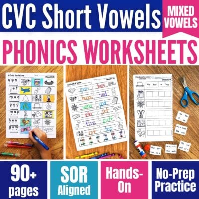 Brightly colored ad for Back to Basics Phonics Worksheets - Short E, featuring worksheet samples and text highlights: “90+ pages,” “SOR Aligned,” “Hands-On,” and “No-Prep Practice.” A child’s hand writes on a worksheet.