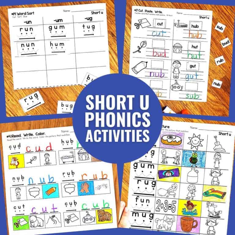 Do you need new phonics activities? These Short U Phonics Worksheets give students practice reading and writing short u CVC words by word family. In this teaching resource, there are 18 different phonics worksheet templates with multiple pages for each template to accommodate all of the short u CVC words taught in kindergarten and first grade. This is a great no-prep printable for kindergarten word work centers. #kindergartenworksheets #shortuworksheets #phonicsworksheets #phonicsprintables