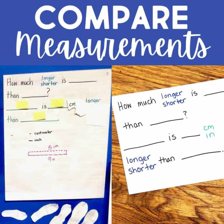 A classroom chart and worksheet to compare measurements using centimeters and inches, featuring prompts like, How much longer or shorter is ___ than ___? with visual aids such as paper footprints and color-coded text.