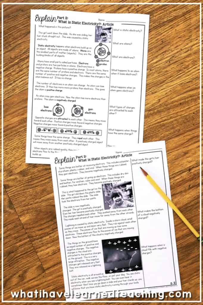 Two printed science worksheets titled &ldquo;What is Static Electricity?&rdquo; sit on a wooden surface. One worksheet has a pencil on it. The bottom of the image has the text: whatihavelearnedteaching.com.