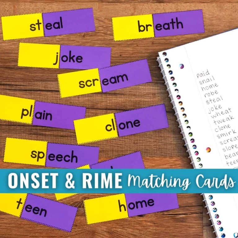 Rectangular onset and rime matching cards with colorful halves display words split by onset and rime, such as steal, joke, and clone. A notebook with a word list and a label reads, “Onset & Rime Matching Cards.”.