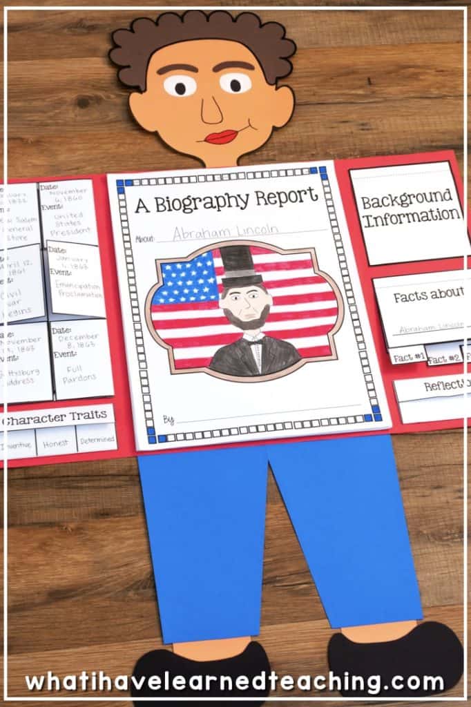 Biography Report Template for Any Historical Person (2nd–5th Grade) 25 A paper craft of a person holds a biography report about Abraham Lincoln, featuring a colored portrait of Lincoln in front of the U.S. flag. The display includes sections for background information and character traits.