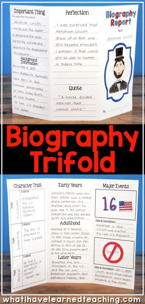 Biography Report Template for Any Historical Person (2nd–5th Grade) 17 A trifold biography report project about Abraham Lincoln, featuring drawings, handwritten facts, a quote, major events, and a U.S. flag. The display is colorful and designed for student use. Text: Biography Trifold.
