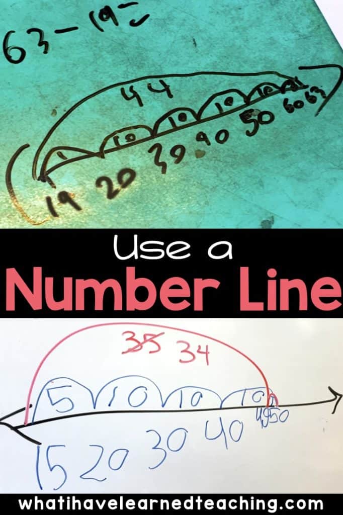 Develop two-digit addition and subtract strategies as well as place value strategies by helping students make jumps on a number line. Students can explain their thinking by using a number to explain their thinking. Number lines are a great way to illustrate mental math strategies. I love how this student checked his work by using place-value strategies to add the 34 + 15. What a great way to illustrate their thinking. #numberlines #secondgrademath #two-digitaddition