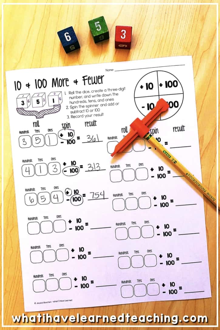 Roll and Spin Math Games that focus on developing number sense for two-digit and three-digit addition. The activities help students develop competencies with using a number line and other place value strategies when adding two-digit and three-digit numbers. Includes 10 & 100 More & Fewer, Number Line Jumps, and Find a Pattern. #secondgrademath #numberlines #two-digitaddition #three-digitaddition