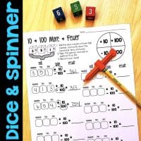 Roll and Spin Math Games that focus on developing number sense for two-digit and three-digit addition. The activities help students develop competencies with using a number line and other place value strategies when adding two-digit and three-digit numbers. Includes 10 & 100 More & Fewer, Number Line Jumps, and Find a Pattern. #secondgrademath #numberlines #two-digitaddition #three-digitaddition