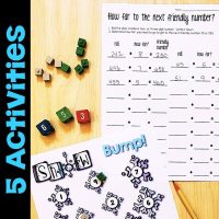 Roll and Spin Math Games that focus on developing number sense for two-digit and three-digit addition. The activities help students develop competencies with using a number line and other place value strategies when adding two-digit and three-digit numbers. Includes 10 & 100 More & Fewer, Number Line Jumps, and Find a Pattern. #secondgrademath #numberlines #two-digitaddition #three-digitaddition