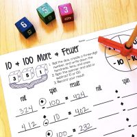 Roll and Spin Math Games that focus on developing number sense for two-digit and three-digit addition. The activities help students develop competencies with using a number line and other place value strategies when adding two-digit and three-digit numbers. Includes 10 & 100 More & Fewer, Number Line Jumps, and Find a Pattern. #secondgrademath #numberlines #two-digitaddition #three-digitaddition