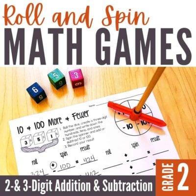 The Roll and Spin Math Games for Multi-Digit Addition & Subtraction worksheet features colorful dice, a pencil spinner, and sections for 2- and 3-digit math problems, designed for 2nd grade students.