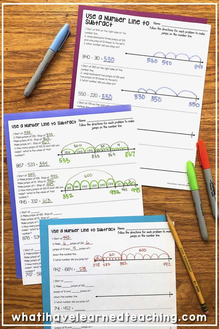 Three-Digit Subtraction Worksheets 5 The worksheets and activities in this unit focus on developing number sense while subtracting
three-digit numbers. The problems move from simple (subtracting 10s) to complex (regrouping) while practicing four main strategies: Use a Number Line, Use Base-10 Blocks, Break Apart or Ungroup, Subtracting with Vs, and Think Addition. #three-digitsubtraction #secondgrademath