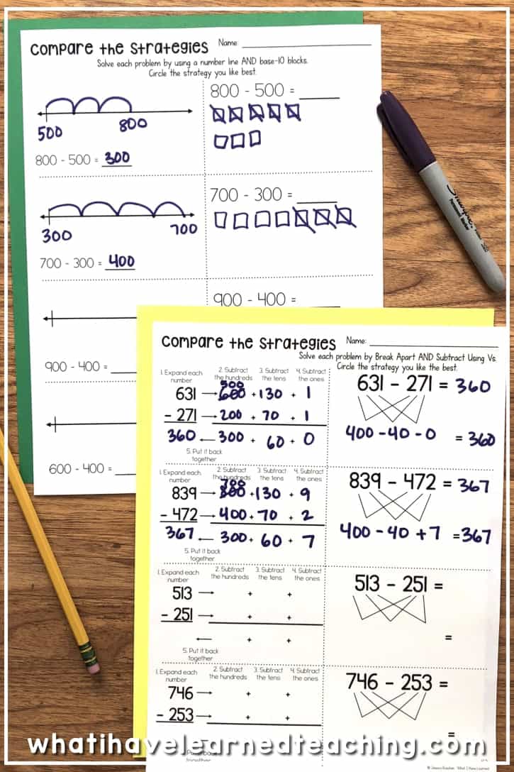Three-Digit Subtraction Worksheets 8 The worksheets and activities in this unit focus on developing number sense while subtracting
three-digit numbers. The problems move from simple (subtracting 10s) to complex (regrouping) while practicing four main strategies: Use a Number Line, Use Base-10 Blocks, Break Apart or Ungroup, Subtracting with Vs, and Think Addition. #three-digitsubtraction #secondgrademath