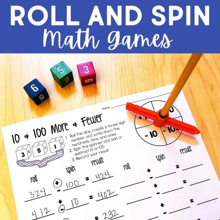 A worksheet titled 100 More + Fewer is shown with math problems and spaces to record results. Nearby are three dice, a red spinner labeled +10 and -10, and part of a blue header reading “Math Games to Develop Number Sense.”.