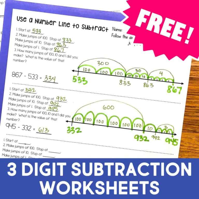 A worksheet showing how to use a number line for 3-digit subtraction, with handwritten math steps and green jumps. Text overlay says FREE! and Three-Digit Subtraction Worksheets.