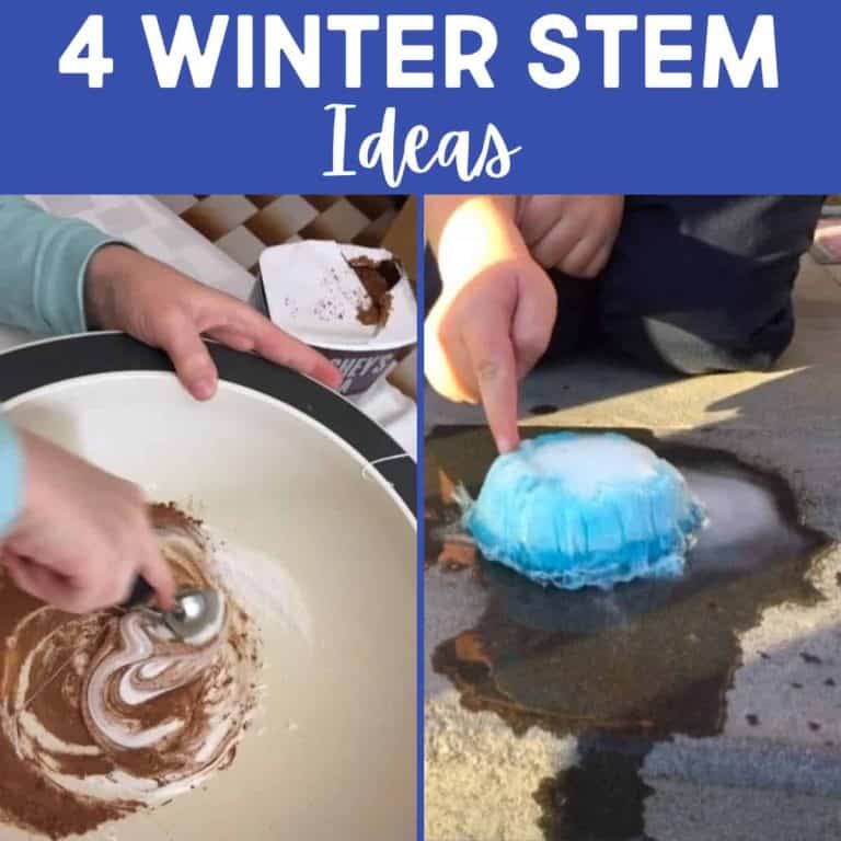 Split image: Left side shows a child mixing cocoa powder in a bowl; right side shows a child touching a blue ice block melting on concrete. Text above reads, 4 WINTER STEM Ideas—fun winter STEM activities for curious kids!.