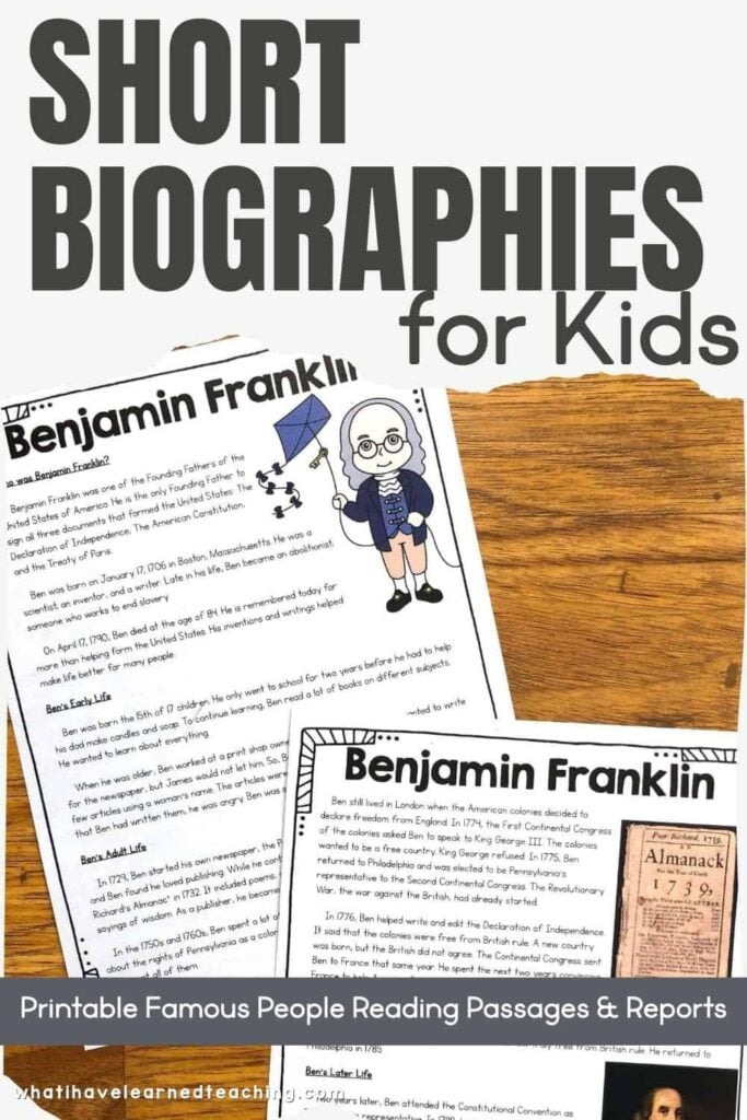 A worksheet titled Biographies for Kids: Short Biographies for Kids, featuring two pages about Benjamin Franklin, with engaging text, illustrations, and images designed to make children's reading and learning fun.