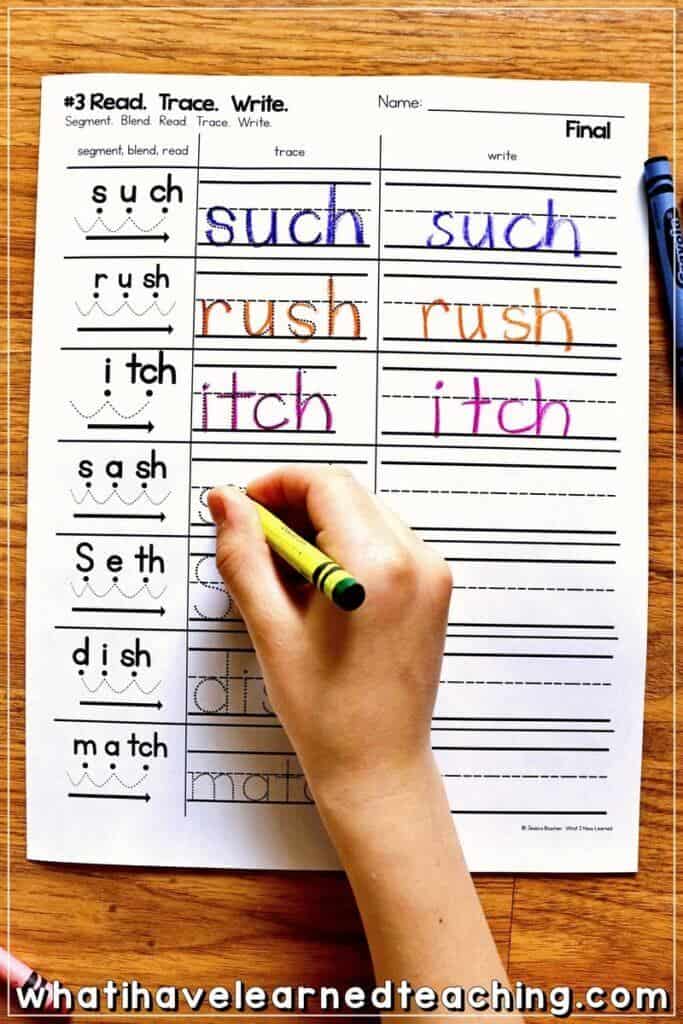 Digraph phonics worksheets that help students blend, segment, and read words with TH, SH, CH, TCH, and WH. These phonics printables are great for kindergarten and first-grade reading centers or readers workshop. They make a great intervention for second grade and are differentiated from phonemic awareness activities to writing sentences. #digraphs #phonicsworksheets #teachdigraphs