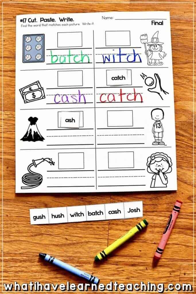 Digraph phonics worksheets that help students blend, segment, and read words with TH, SH, CH, TCH, and WH. These phonics printables are great for kindergarten and first-grade reading centers or readers workshop. They make a great intervention for second grade and are differentiated from phonemic awareness activities to writing sentences. #digraphs #phonicsworksheets #teachdigraphs