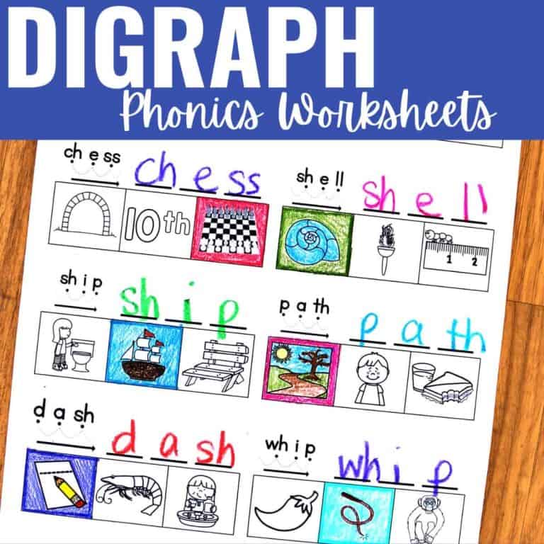 A worksheet titled Digraph Phonics Worksheets features images and boxes for words like chess, shell, ship, path, dash, and whip, each written in colorful marker above matching pictures to help reinforce digraph phonics skills.