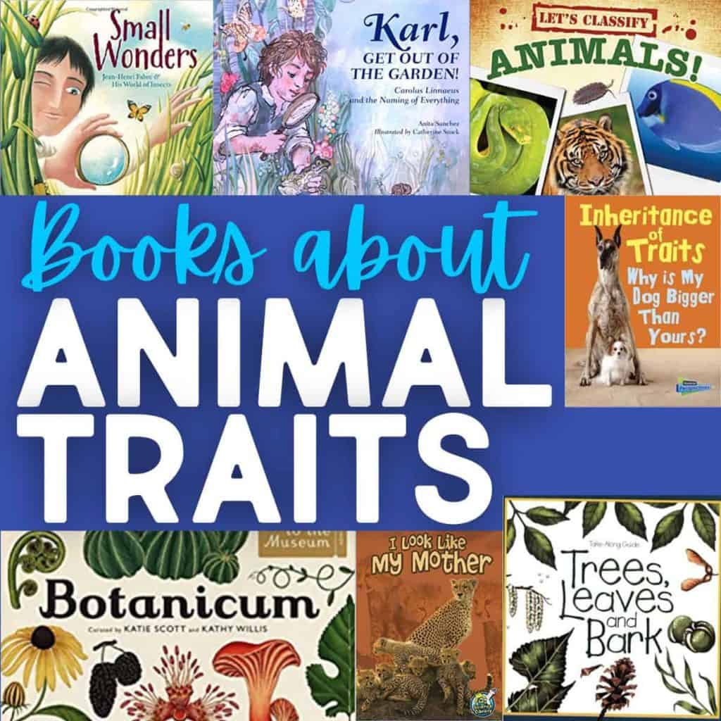 A collage of books about animal traits features covers of Small Wonders, Karl, Get Out of the Garden!, Animals!, Inheritance of Traits, Botanicum, I Look Like My Mother, and Trees, Leaves and Bark.