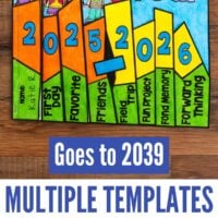 End-of-the-Year Memory Flap Book: Hand-colored, overlapping folder templates labeled 2025 & 2026, with sections like First Day, Favorite, and Forward Thinking. Includes multiple templates—goes up to 2039.